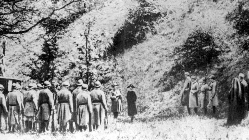 Mata Hari facing the firing squad. There is doubt over this picture and it may be a still from a contemporaneous film