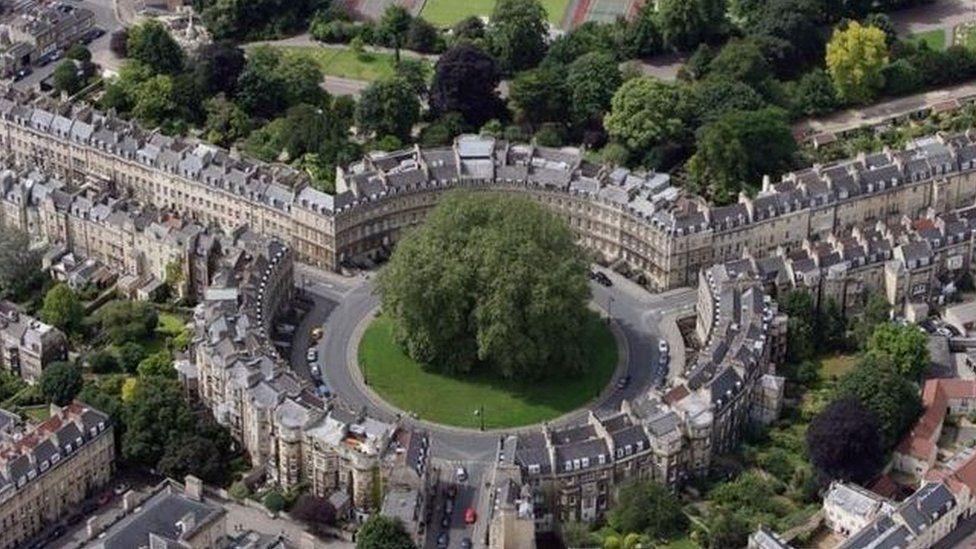 An aerial view of The Circle, Georgian housing in Bath