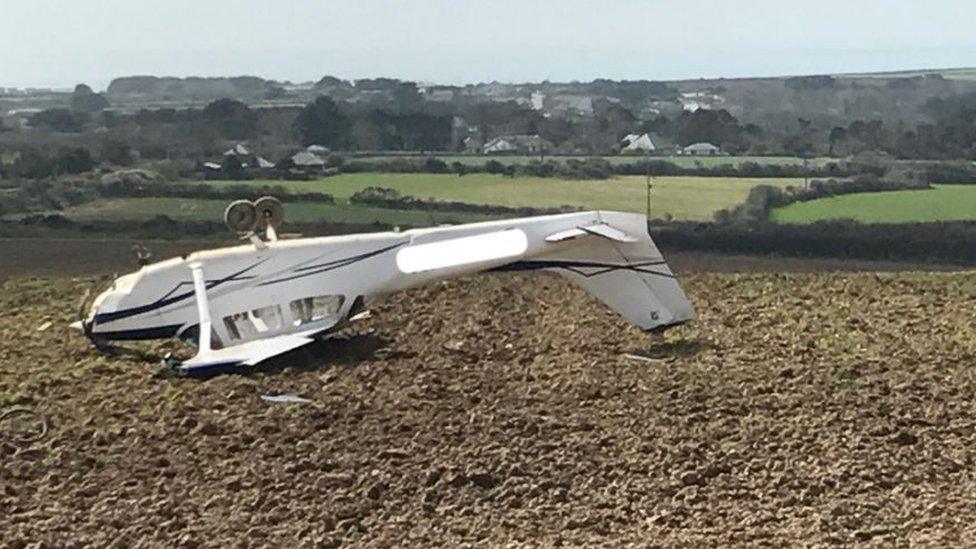 Light aircraft in field in Cornwall