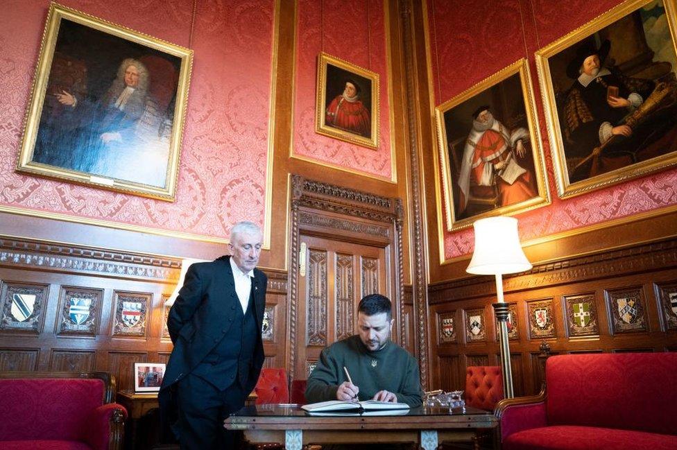 Speaker of the House of Commons with Ukrainian President Volodymyr Zelensky signing the guestbook at Speaker's House in the Palace of Westminster.