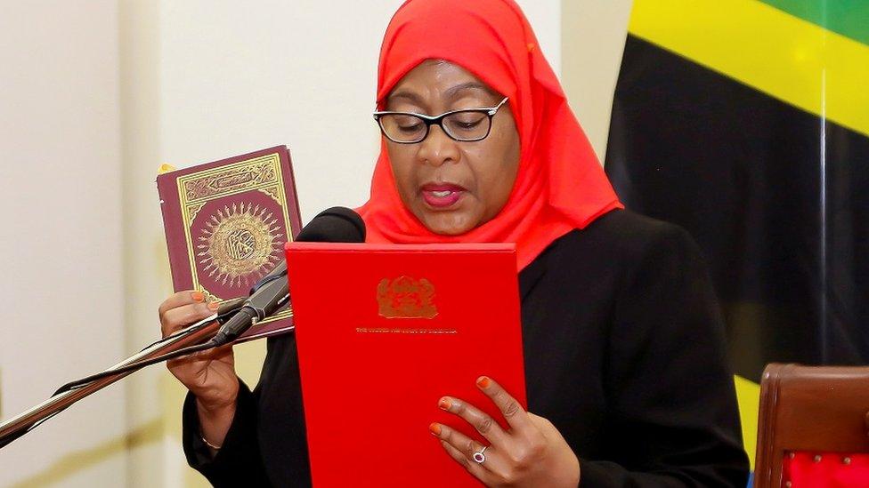 Tanzania"s new President Samia Suluhu Hassan takes oath of office following the death of her predecessor John Pombe Magufuli at State House in Dar es Salaam, Tanzania March 19, 2021