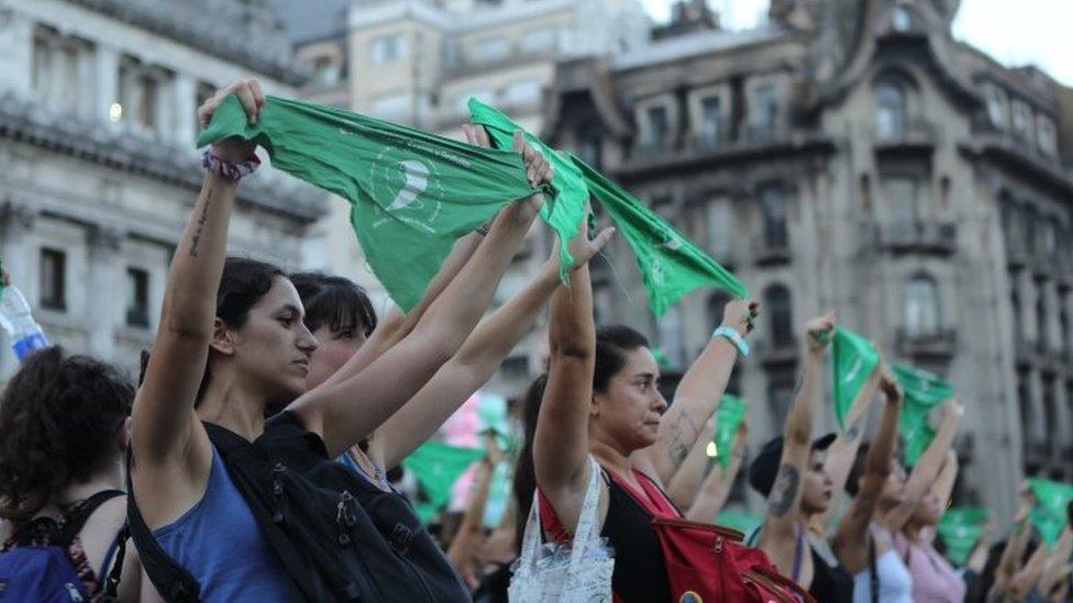 People participate in a rally on the occasion of the first anniversary of the "panuelazo" (protest with handkerchief) for the legalisation of abortion, in Buenos Aires, Argentina, 19 February 2019.