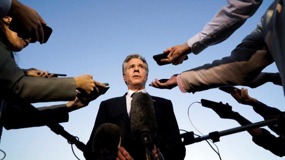 US Secretary of State Antony Blinken speaks to members of the media before leaving Cairo, Egypt, Sunday Oct. 15, 202