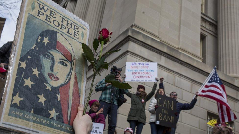 Demonstrators gather near The White House to protest President Donald Trump's travel ban on seven Muslim countries