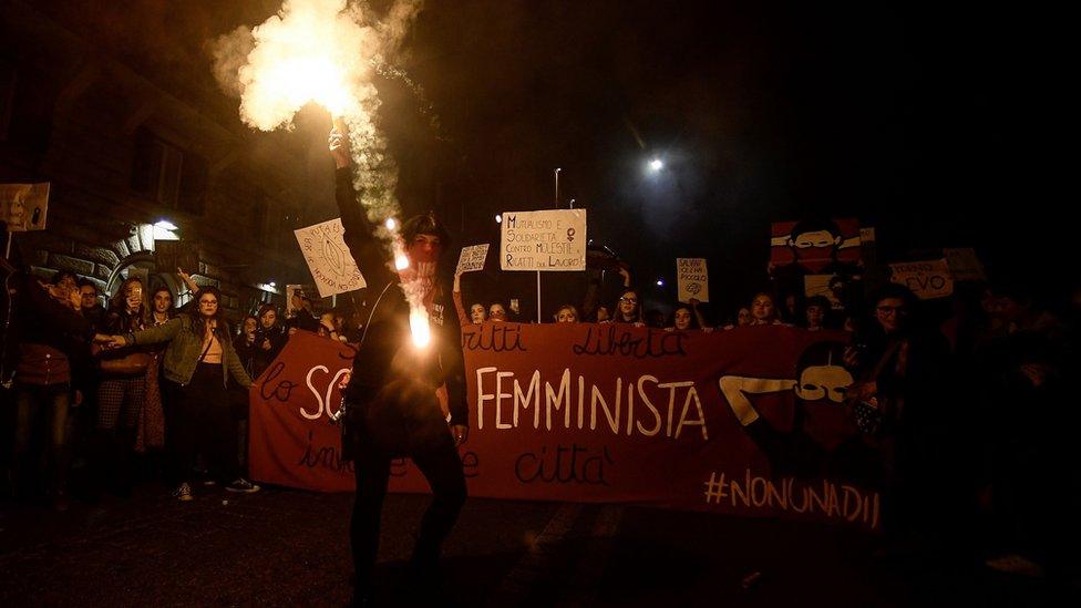 Women from the feminist movement "Non Una Meno" (Not One Less) stage a protest march in Rome