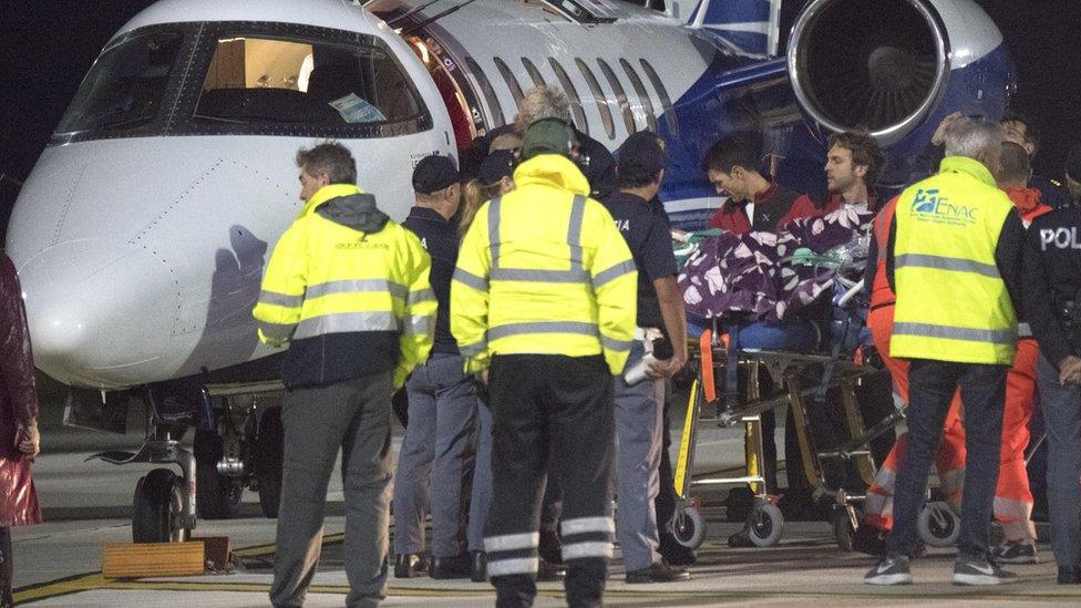 Tafida Raqeeb arrives with an airplane-ambulance at Genoa's Cristoforo Colombo airport to be transferred to the Gaslini pediatric hospital in Genoa