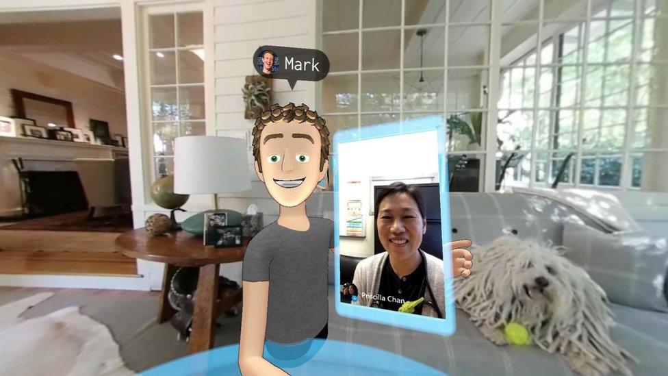 Mark Zuckerberg, as an avatar, takes a selfie with his wife, via video call, and his dog, via 360 camera