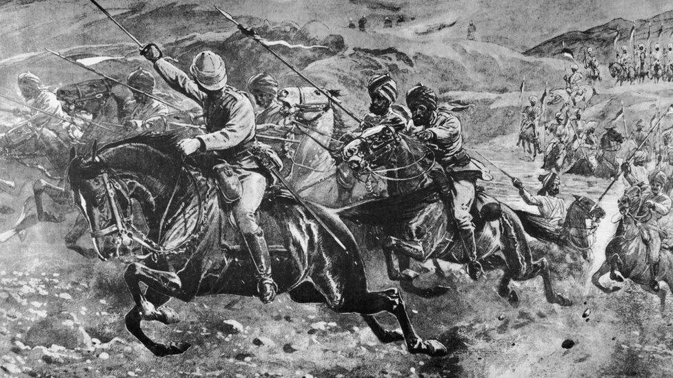 A sikh cavalry unit of the British Malakand Field Force charges on Pathan tribesmen controlling a crossing of the Swat river during the Chitral campaign, north-west India, 7th April 1895. Drawing by John Charlton after a sketch by Lionel James.