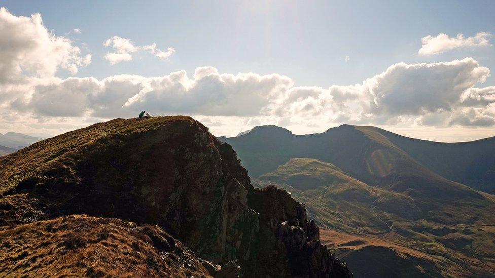 One man and his dog on Mynydd Mawr overlooking the Nantlle Ridge in Snowdonia