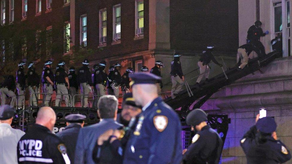 NYPD officers climb a ladder to enter Columbia University's occupied Hamilton Hall. Photo: 30 April 2024