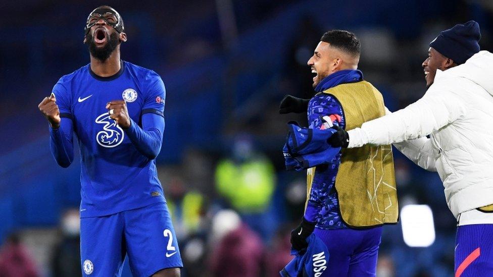 Antonio Rudiger of Chelsea celebrates at the final whistle after winning the UEFA Champions League semi final