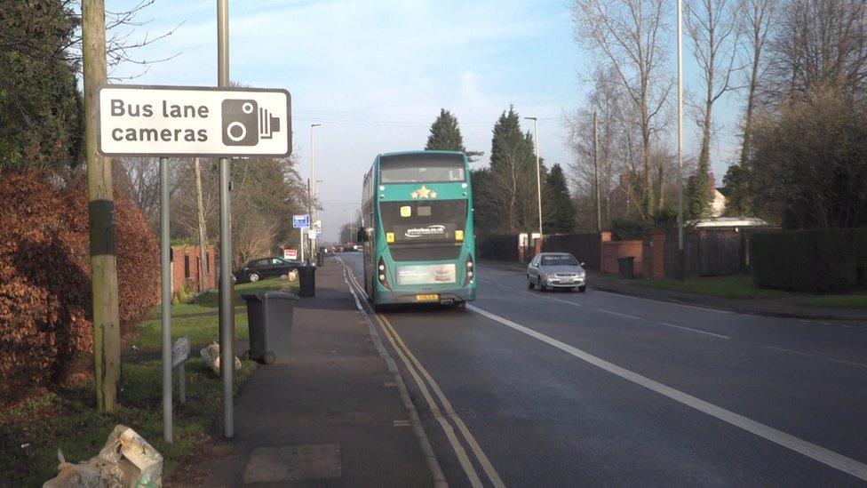 Bus lane camera warning sign in Leicester