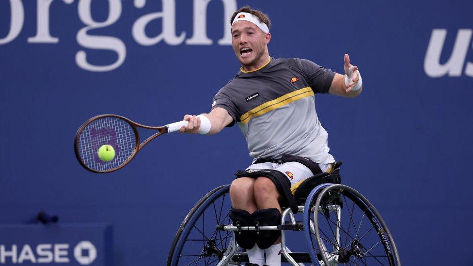 Alfie Hewett hitting a shot during the US Open final