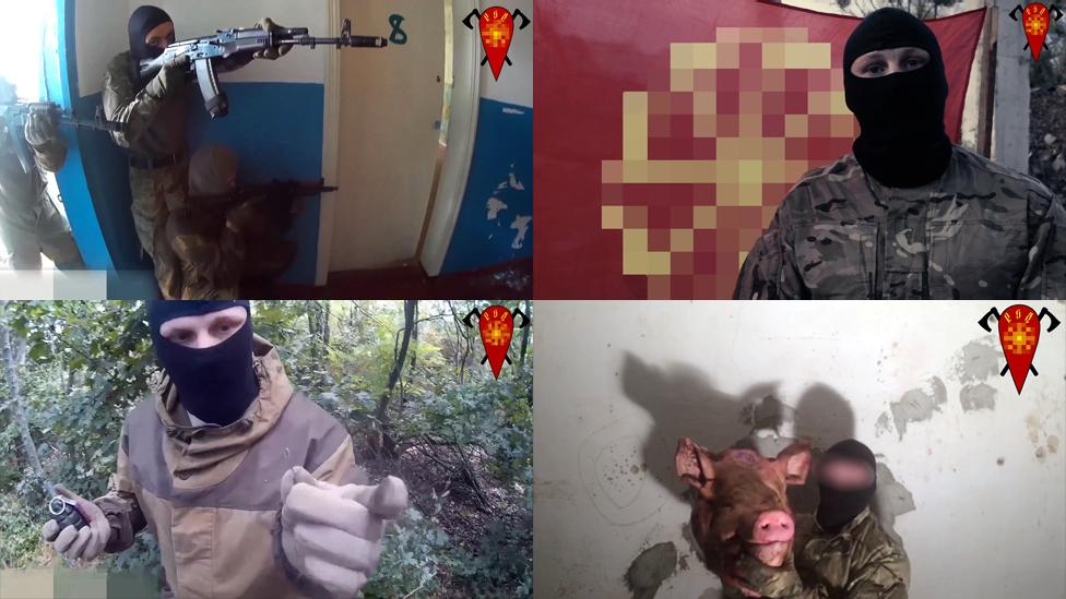 Screenshots from some of the videos created by the "Russian Liberation Movement": a montage showing armed men, a man with a pig's head, men with faces covered in the woods and in front of a flag.