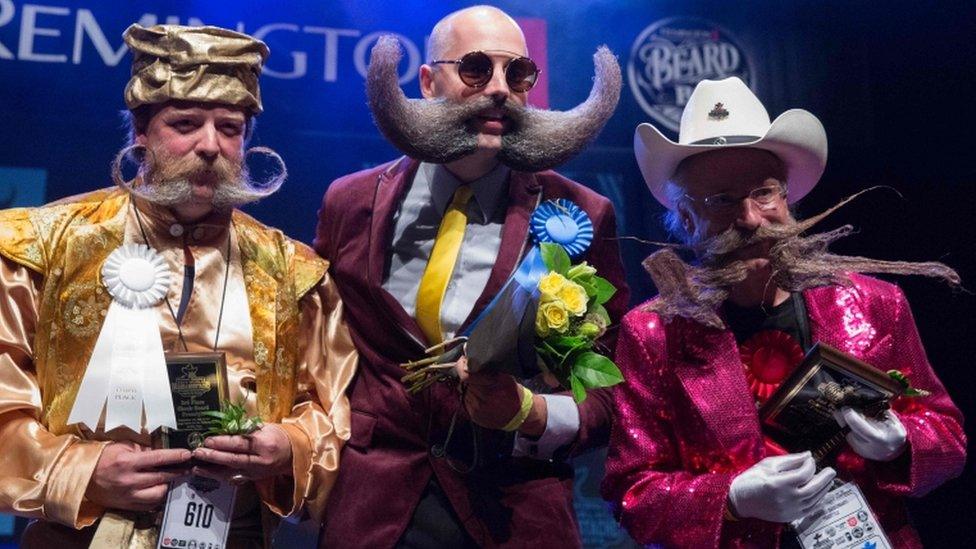 Third, second and first place winners of the Cheek Beard Freestyle attend the 2017 Remington Beard Boss World Beard ^ Moustache Championships held at the Long Center for the Performing Arts on September 3, 2017 in Austin, Texas.