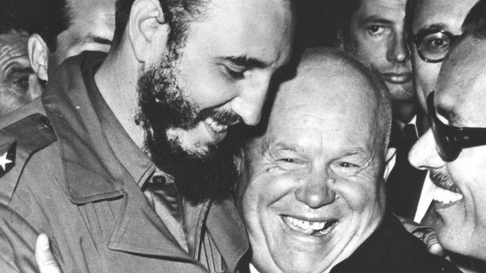 Cuban Prime Minister Fidel Castro, left, is embraced by Soviet Premier Nikita Khrushchev in the United Nations General Assembly on Sept. 20, 1960