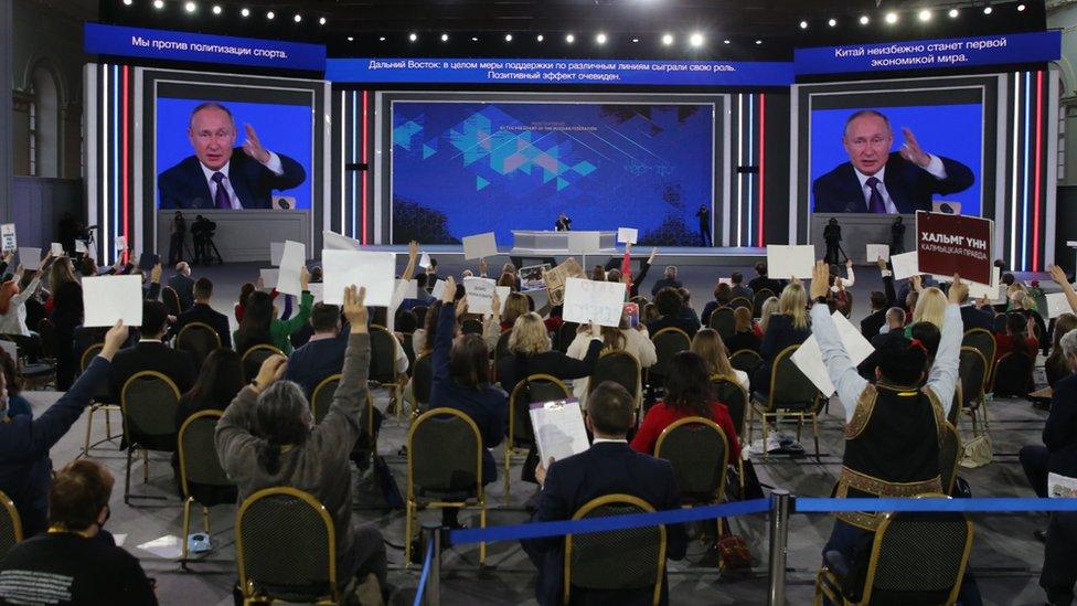 Russian President Vladimir Putin speaks during his year-end press conference on 23 December 2021