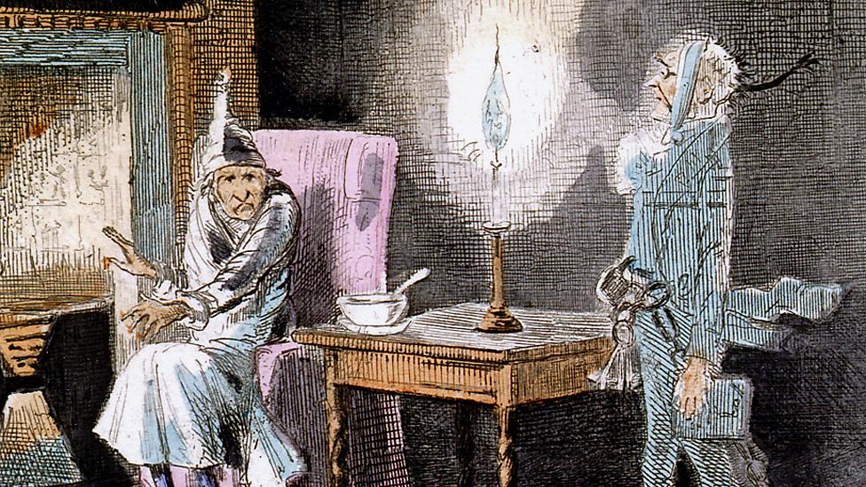 Jacob Marley's ghost appears before Ebenezer Scrooge