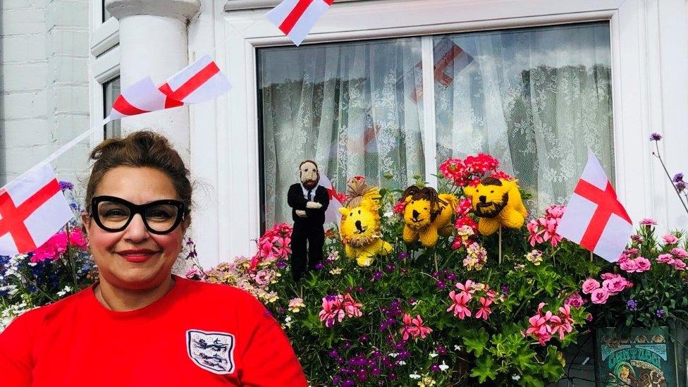 Knitter and football fan Farzana Chaudry with her England window box creations