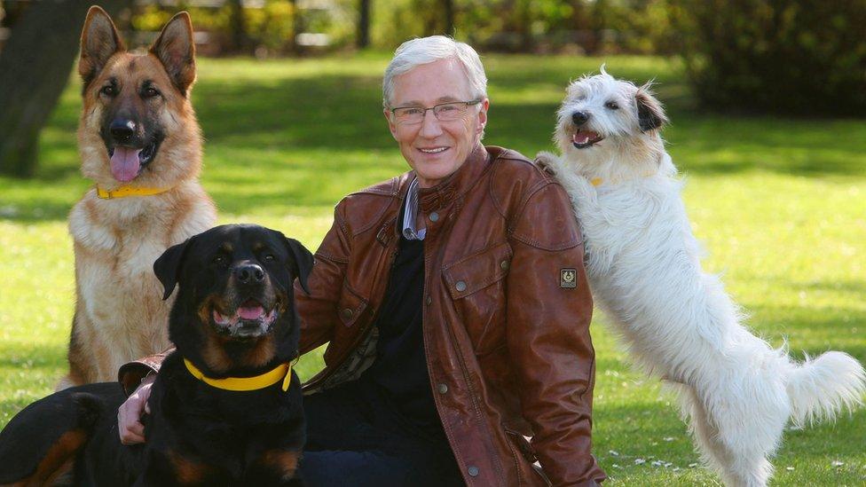 Paul O'Grady with rescue dogs Razor a German Shepherd, Moose a Rottweiler and Dodger a Terrier at London's Battersea Park in 2013