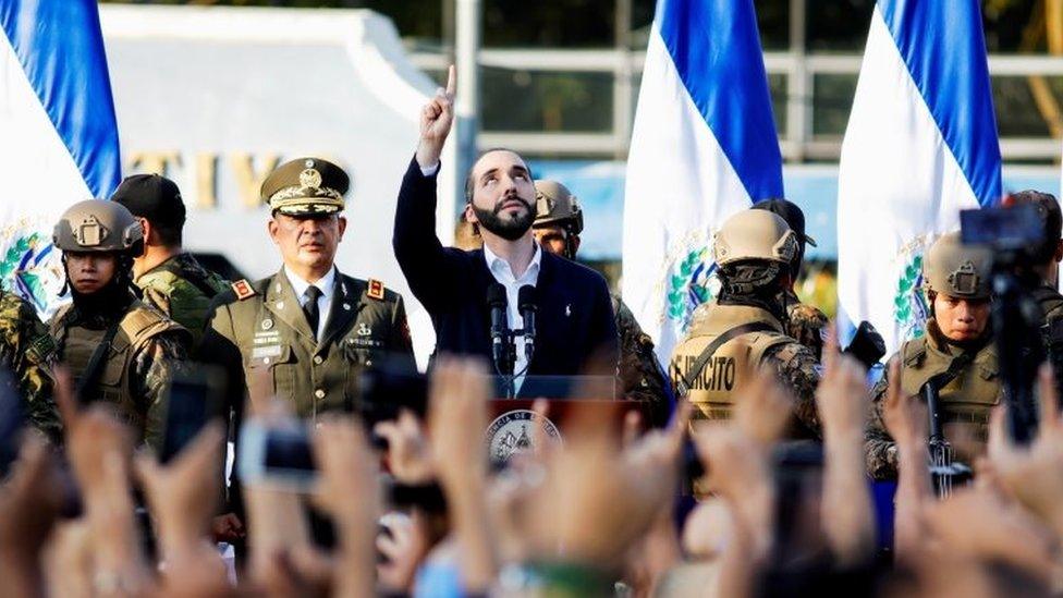 President Nayib Bukele gestures as he addresses his supporters on 9 February, 2020.