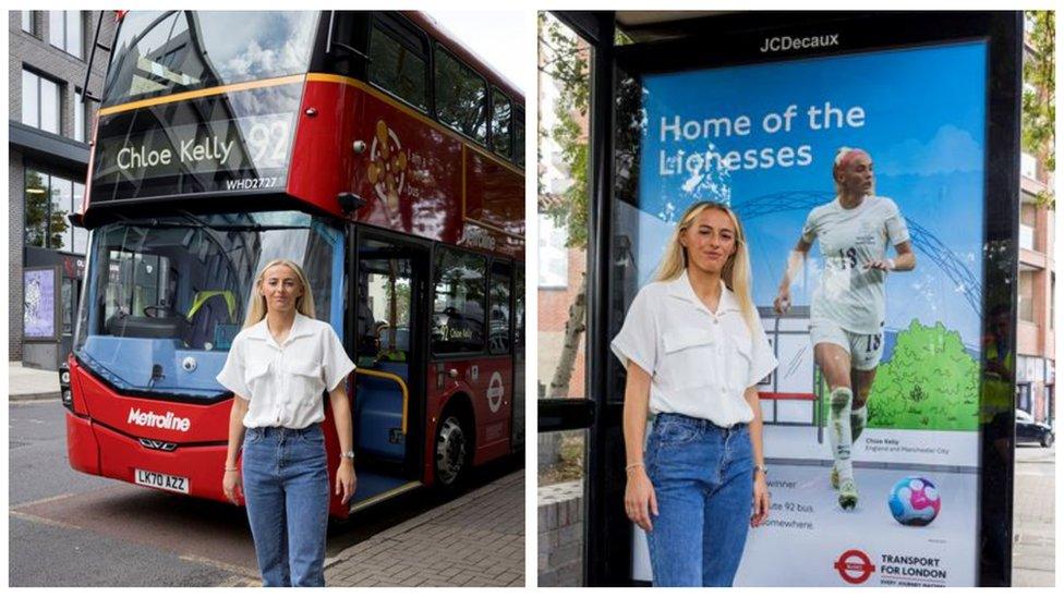 split image with chloe kelly standing in front of the london bus named after her on the left and in front of an advert for the lionesses at a local bus top on the right