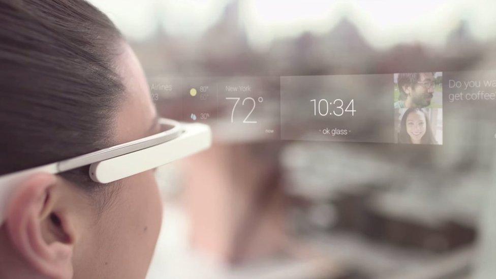 Woman wearing Google Glass showing heads up display