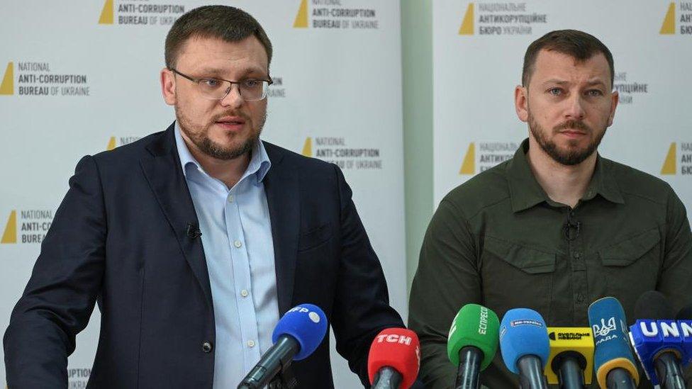 Director of the National Anti-Corruption Bureau Semen Kryvonos and Director of the Specialized Anti-Corruption Prosecutor's Office Oleksandr Klymenko at a new conference