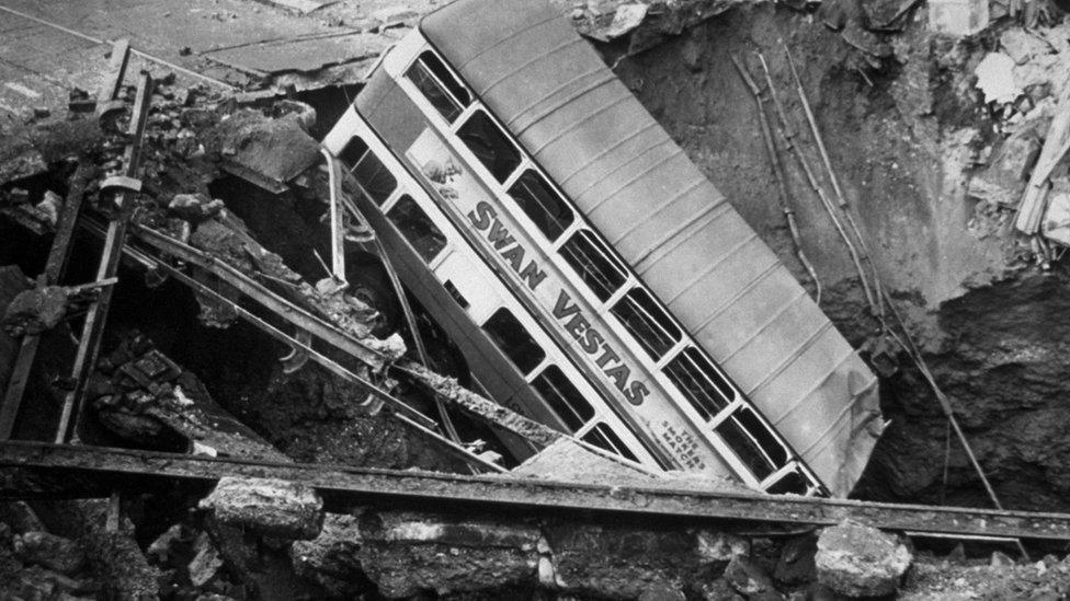 A bus in a crate during the blitz