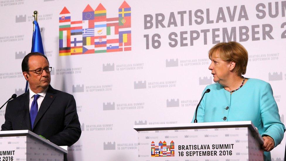 German Chancellor Angela Merkel (right) and French President Francois Hollande at EU meeting in Bratislava on 16 September