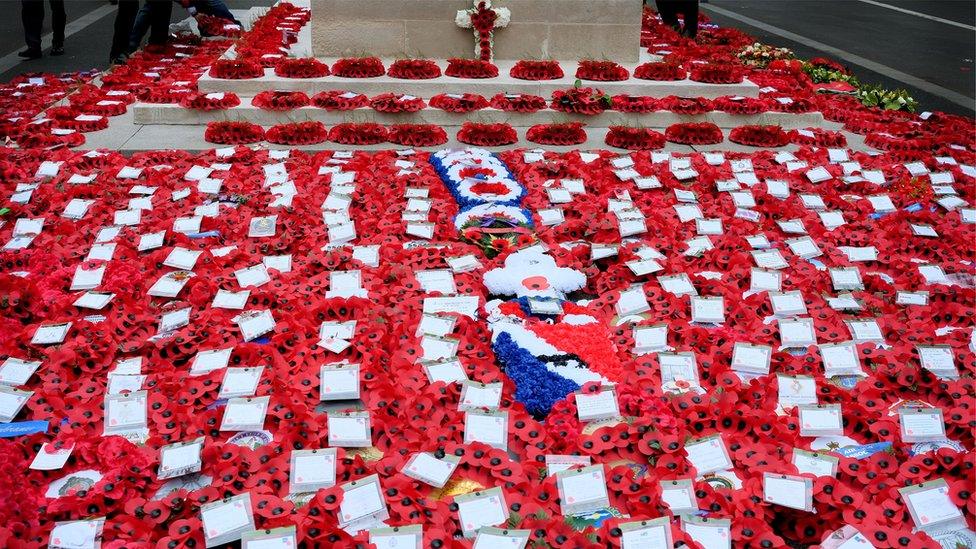 A blanket of wreaths at the Cenotaph