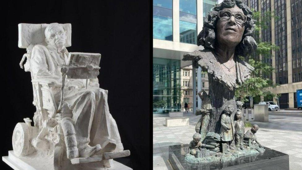 Statues of Stephen Hawking (left) and Betty Campbell (right)