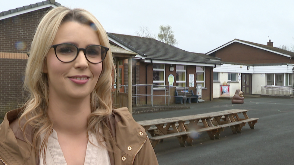 Gemma Moore outside Balnamore Primary School