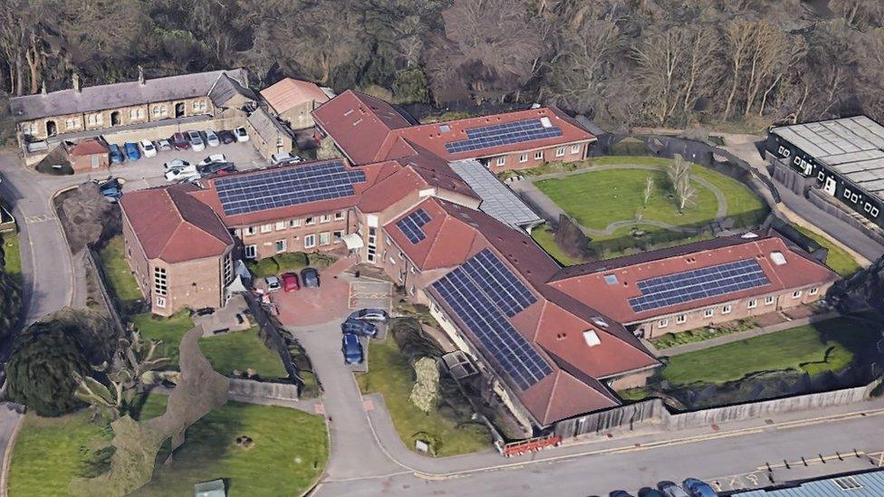 Fromeside as shown from above. Red-roofed building with gardens.