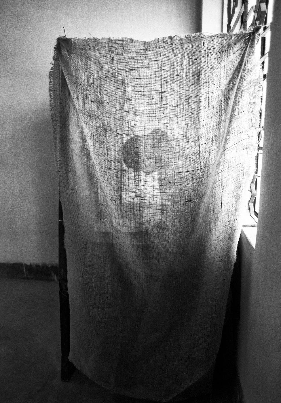 Shadow of a woman casting a vote behind a curtain