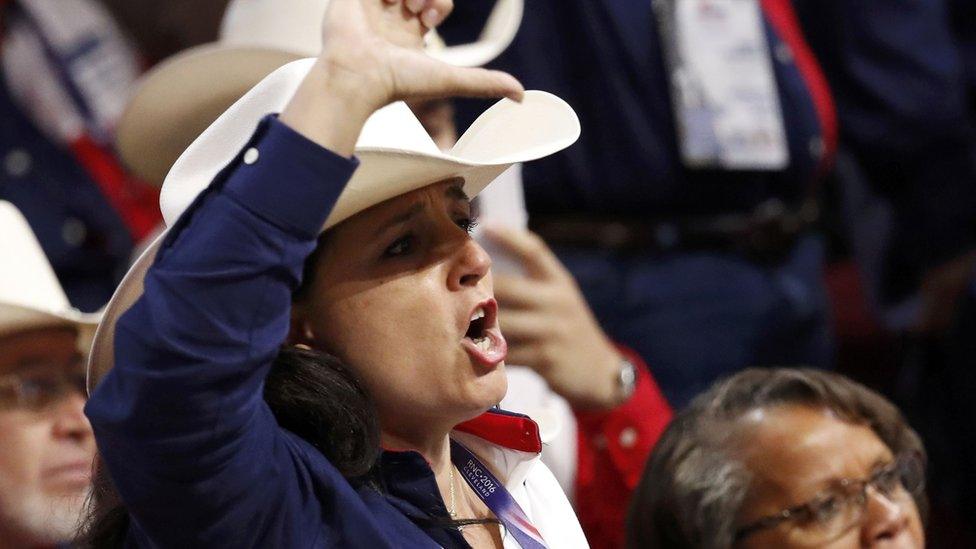 A texas delegate shouts after a vote