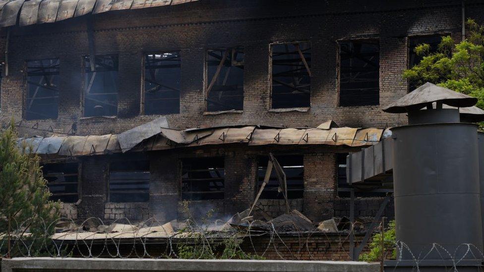 A badly damaged building in Kyiv