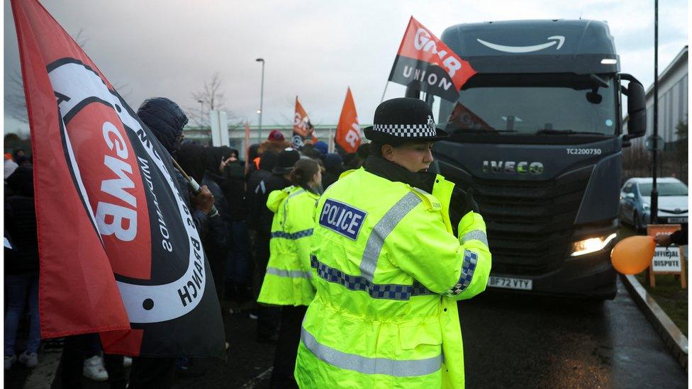 Police at the GMB union picket at Amazon's depot in Coventry