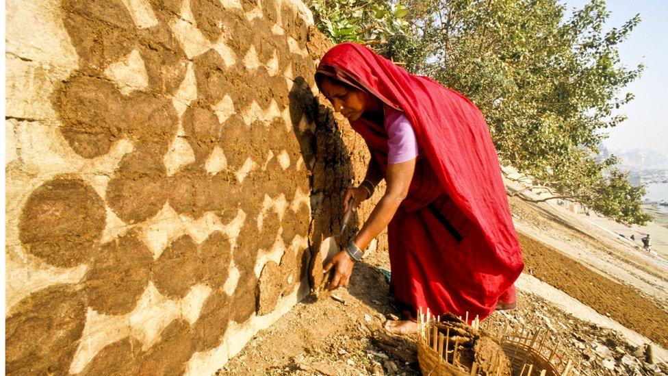 Woman making cow dung cakes