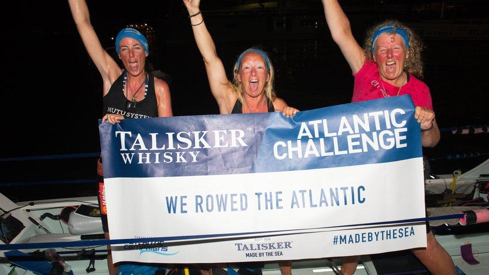 (L-R) Bird Watts, Claire Allinson and Mo O'Brien after they reached the finish line