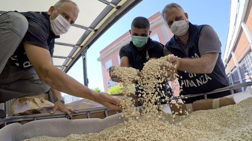 Italian police inspect tubs containing counterfeit Captagon pills