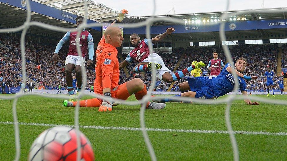 Jamie Vardy scores against Aston Villa