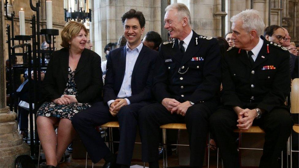 Labour MP Karen Buck, former Labour leader Ed Miliband, Met Police Commissioner Bernard Hogan-Howe, and London Fire Commissioner Ron Dobson attend the ceremony