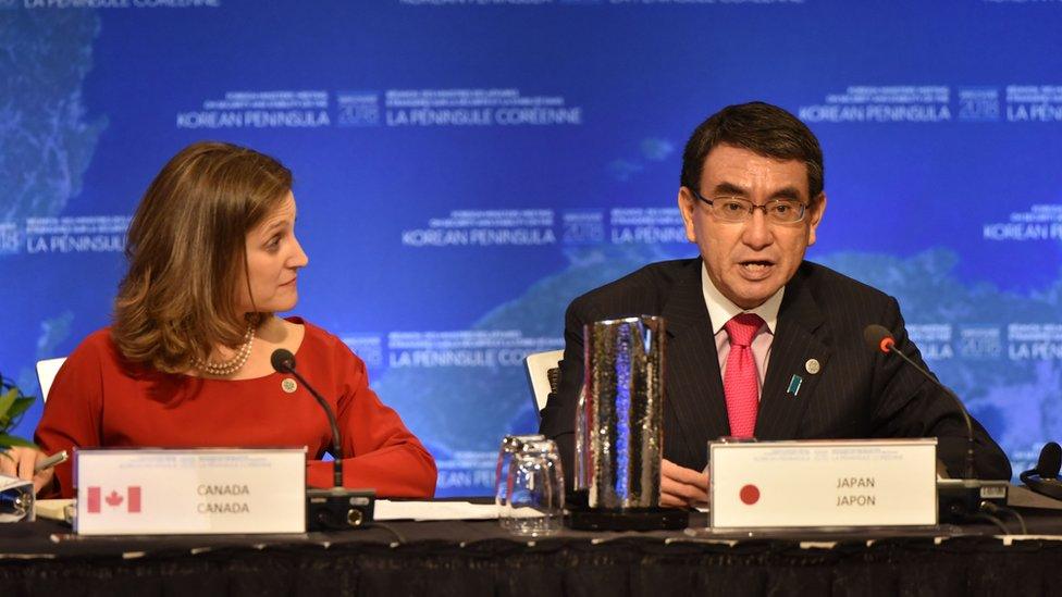 Chrystia Freeland, Canada's Minister of Foreign Affairs,(L) listens while Taro Kono, Japan's Foreign Affairs Minister speaks