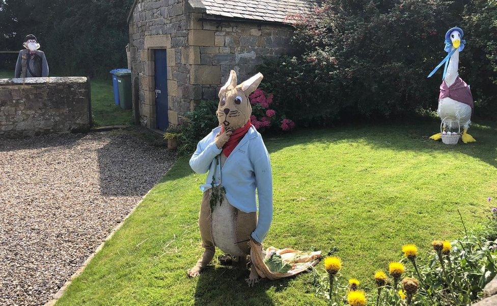 Peter Rabbit, Jemima Puddleduck and Mr McGregor scarecrows