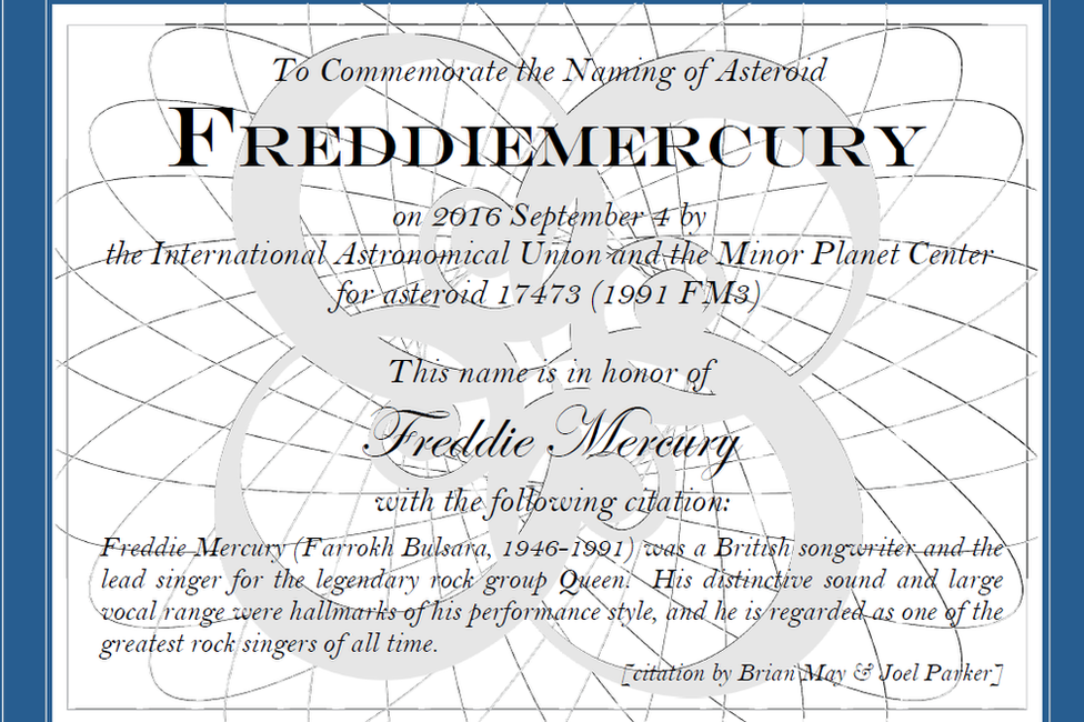 asteroid 17473 Freddie Mercury certificate