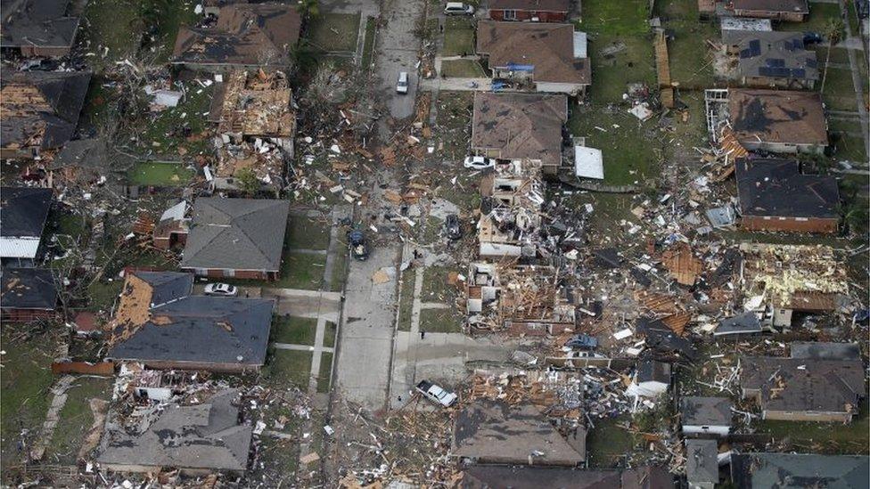 Destroyed and damaged homes are seen in this aerial photo after a tornado tore through the eastern neighbourhood in New Orleans.