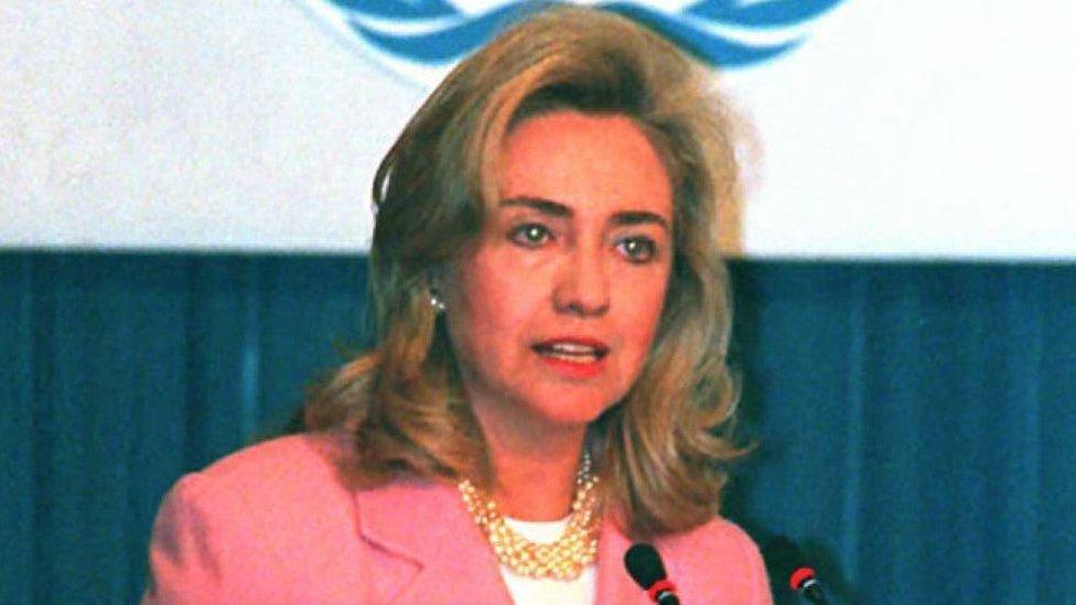 US First Lady Hillary Clinton speaks at the 'Women and Health' seminar sponsored by the World Health Organization at the UN Fourth World Conference on Women 05 September 1995 in Beijing.