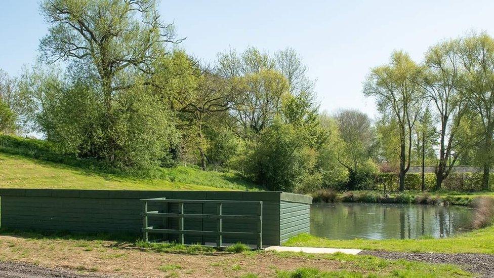 Rear view of the hide at Horn Mill Trout Farm