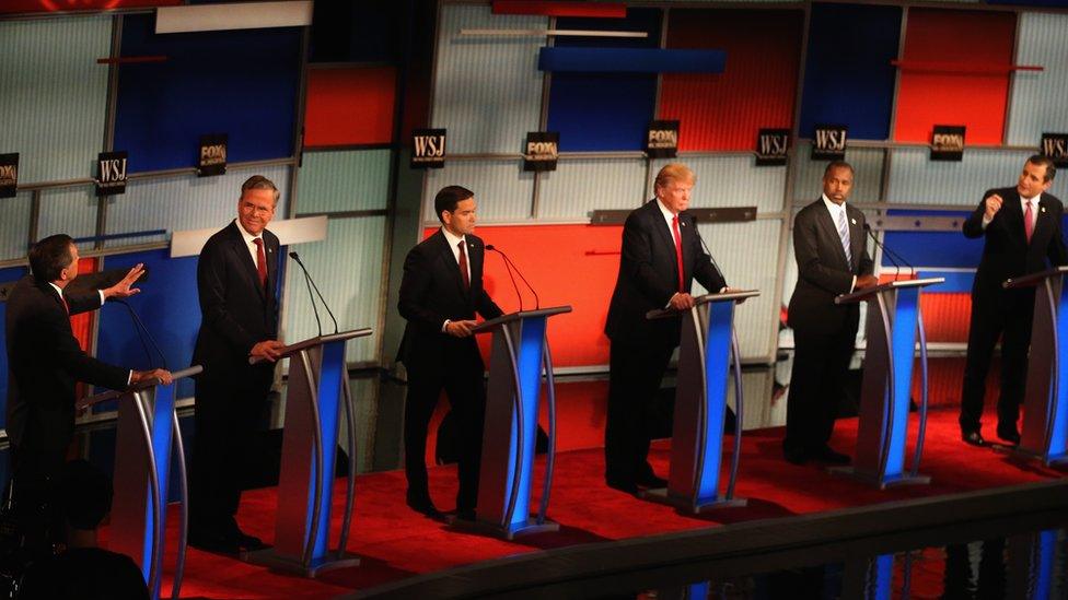 Presidential candidates Ohio Governor John Kasich (L-R), speaks while Jeb Bush, Sen. Marco Rubio (R-FL), Donald Trump, Ben Carson, and Ted Cruz (R-TX) take part in the Republican Presidential Debate sponsored by Fox Business and the Wall Street Journal at the Milwaukee Theatre November 10, 2015 in Milwaukee, Wisconsin.